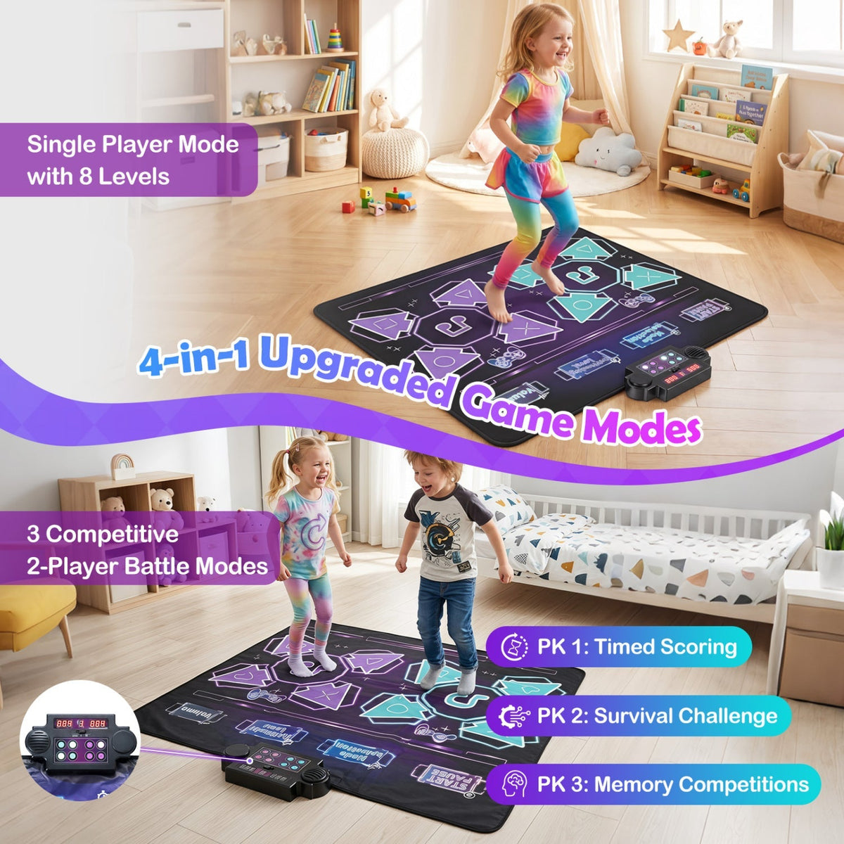 Electronic kids dance mat on floor with children playing and a black controller module