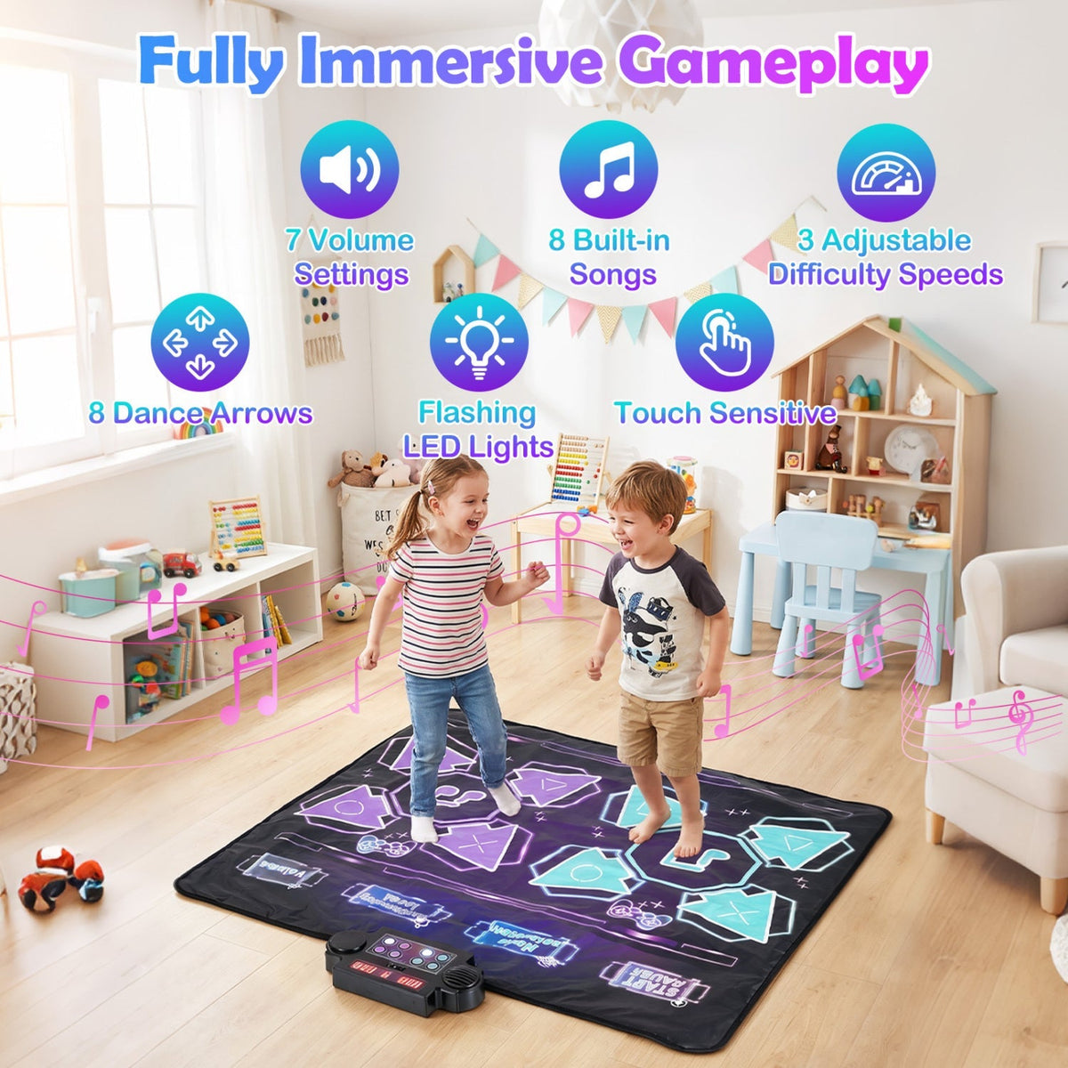 Electronic kids dance mat with LED arrow paths while two children dance
