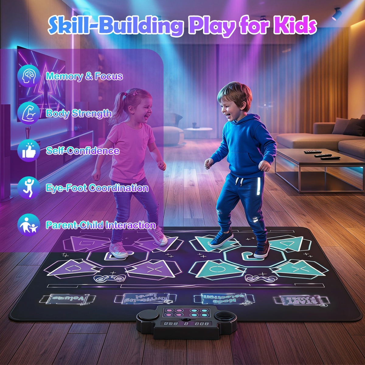 Electronic kids dance mat with controller and geometric light-up icon layout; child stepping