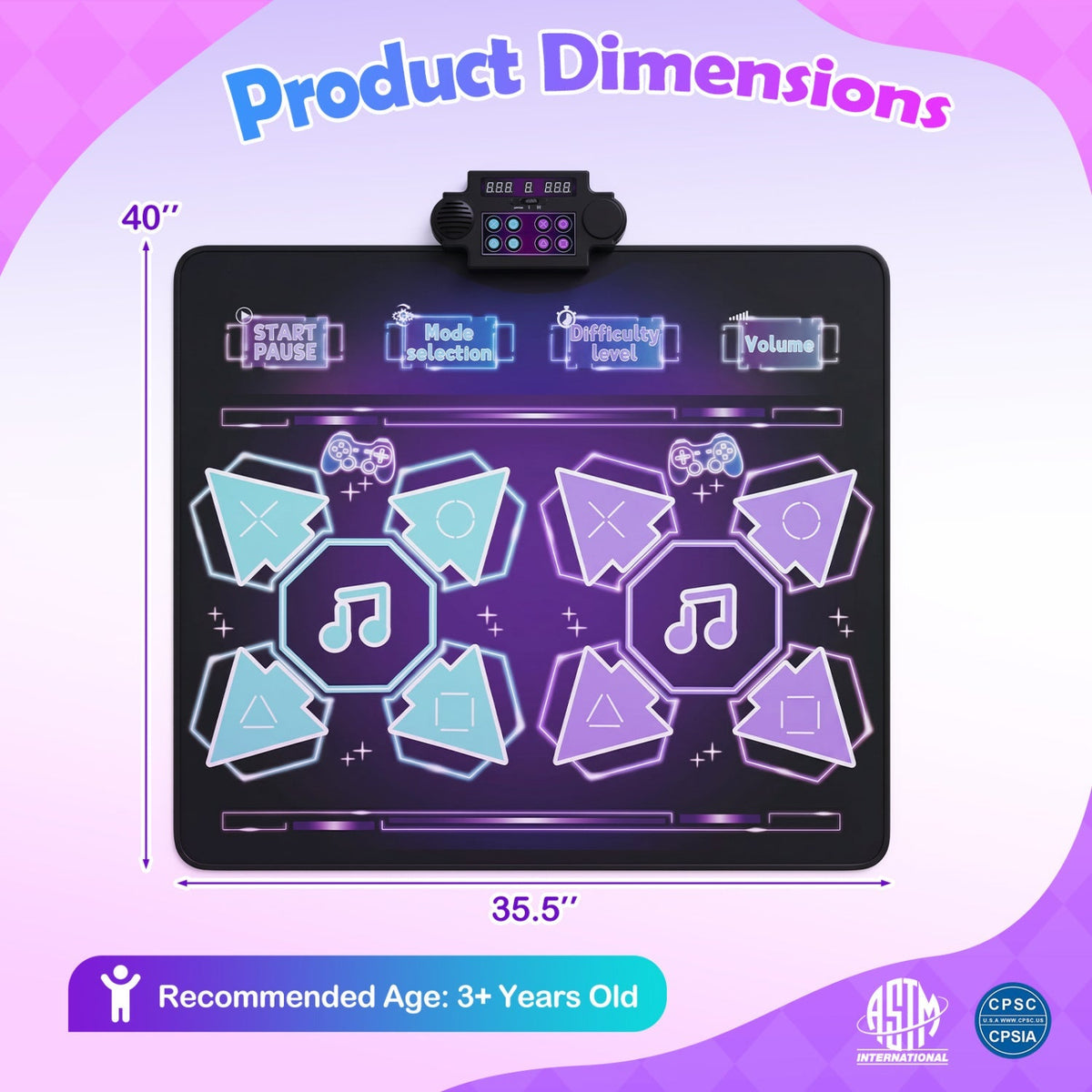Electronic kids dance mat with control panel shown alongside size diagram