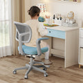 Kids desk chair with adjustable height, armrest, and footrest; teal fabric seat.