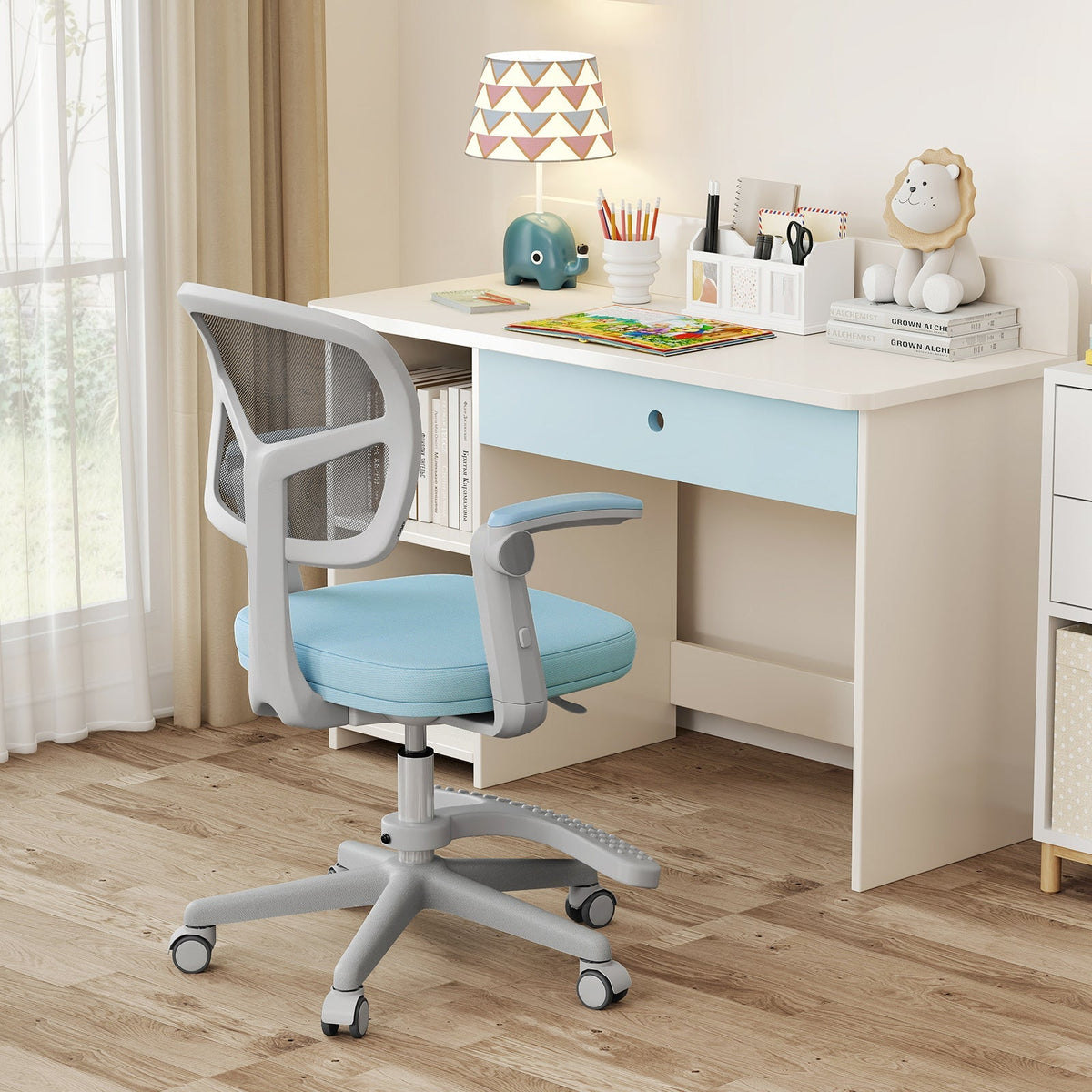 Kids desk chair with adjustable height, armrest, and footrest; light blue fabric seat.