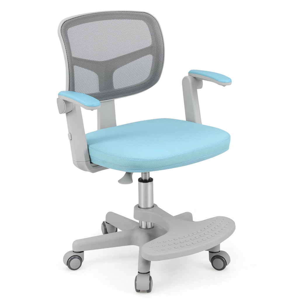 Kids desk chair with light blue padded seat, grey mesh back, adjustable arms and footrest
