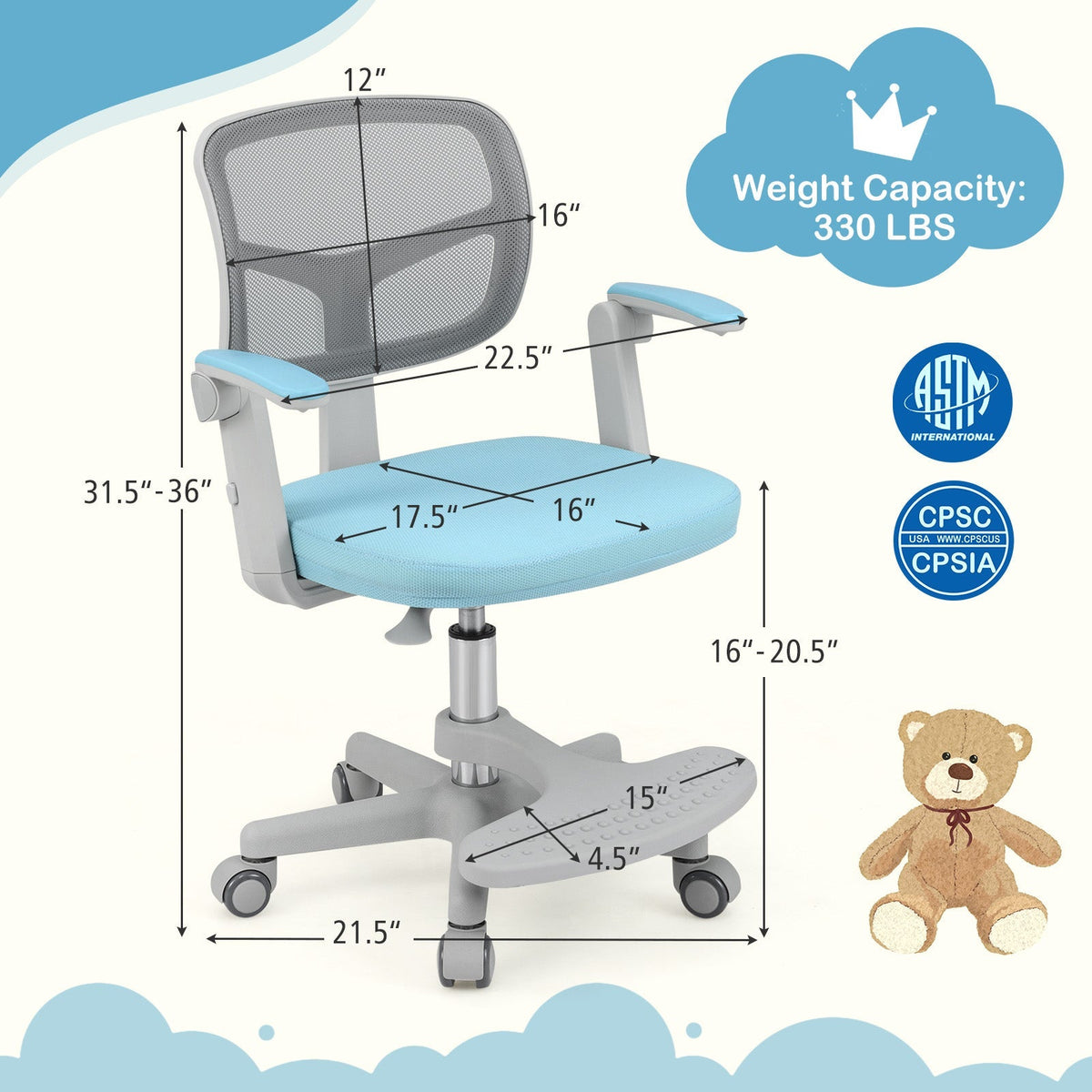 Kids desk chair with light blue padded seat, grey mesh back, adjustable height and footrest