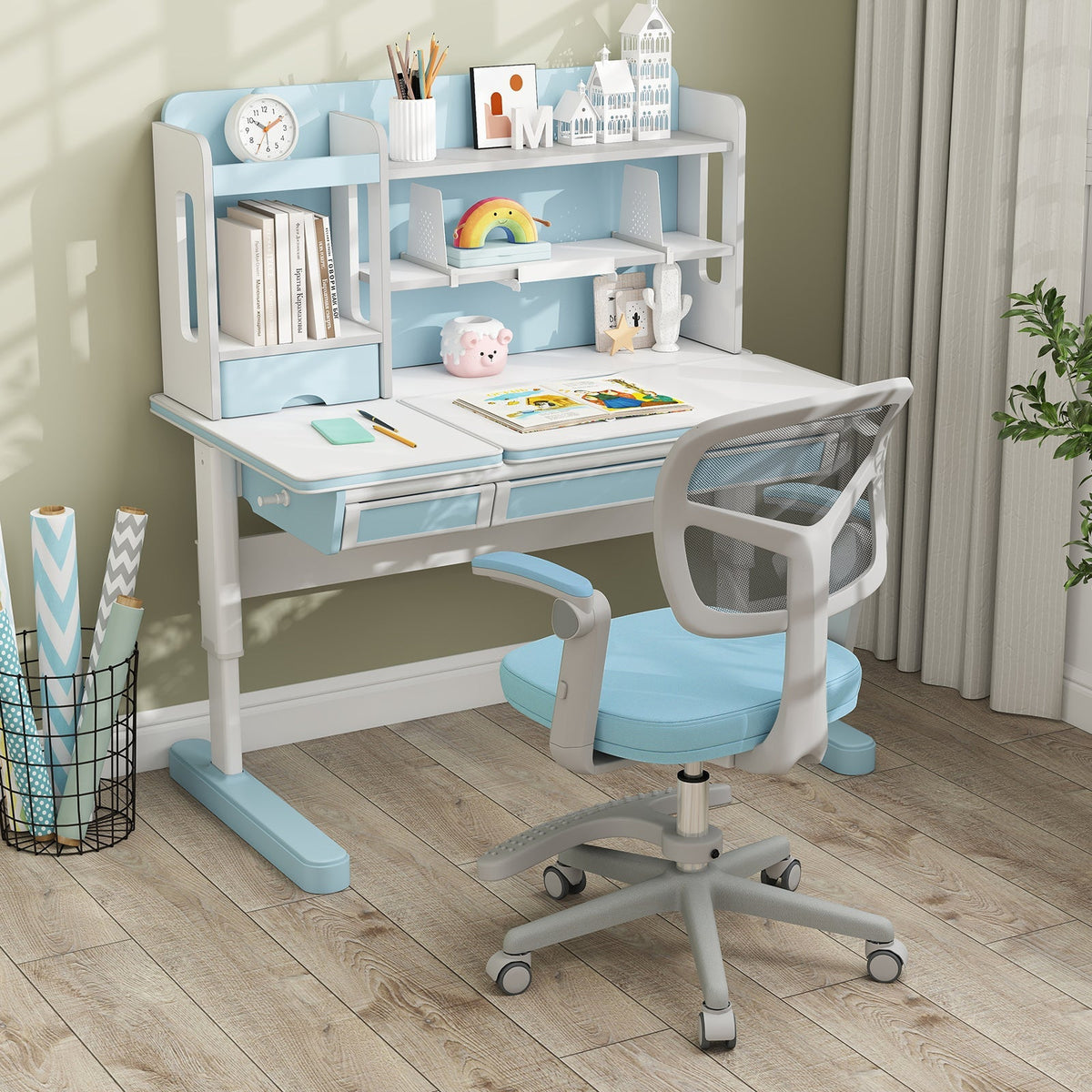 Kids desk chair with light blue seat, grey mesh back, adjustable height footrest base