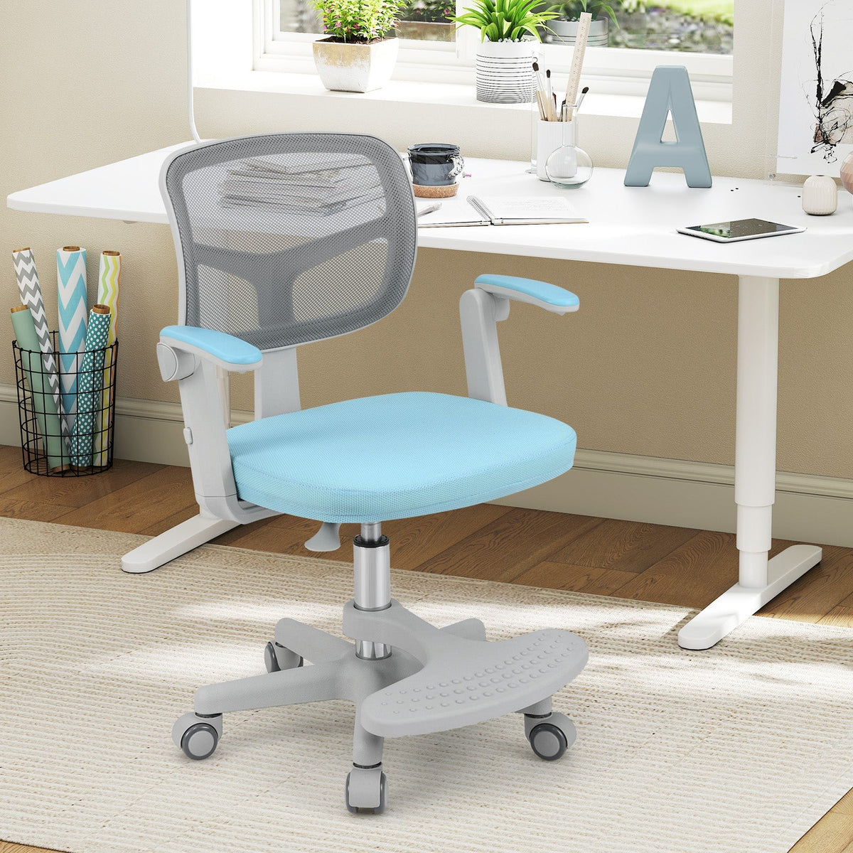 Kids desk chair with light blue seat, grey mesh back, adjustable height footrest base