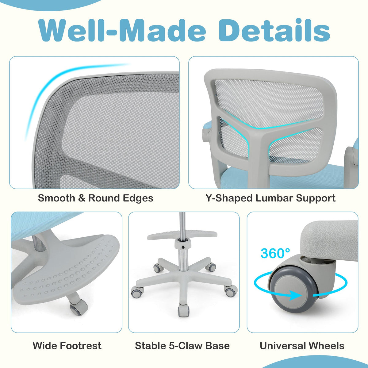 Kids desk chair with mesh grey back, padded seat, armrests, wide footrest, rolling base