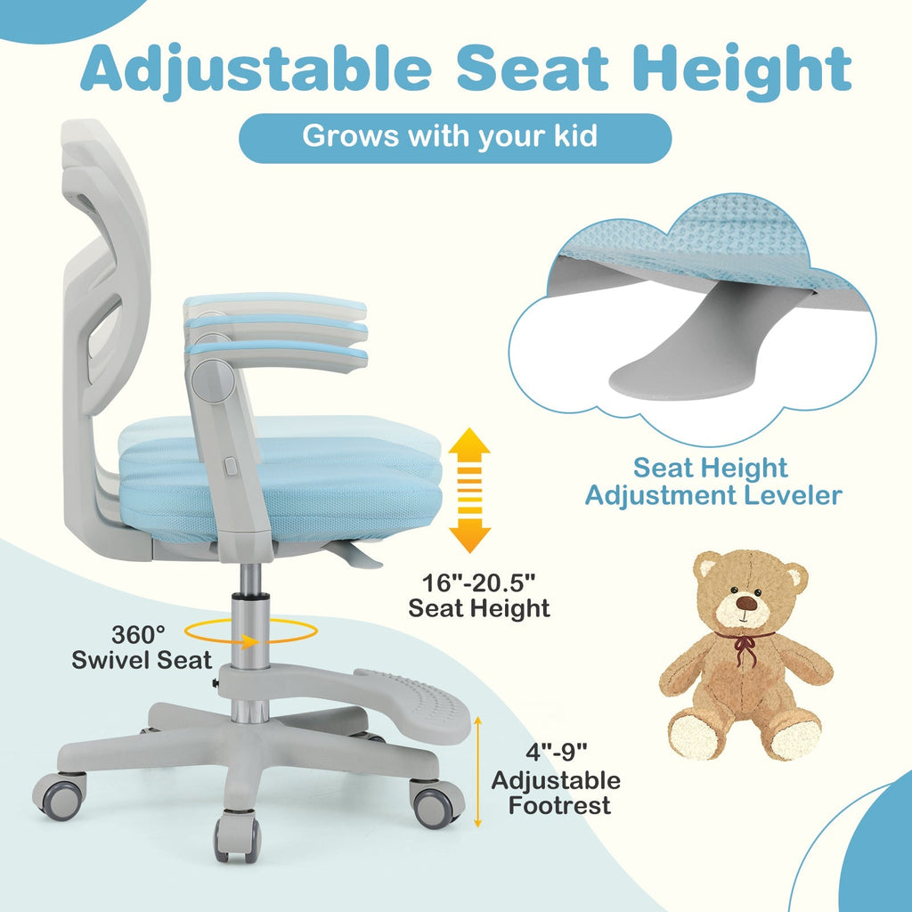 Kids desk chair with grey frame, light blue padded seat, adjustable height, footrest, rolling casters