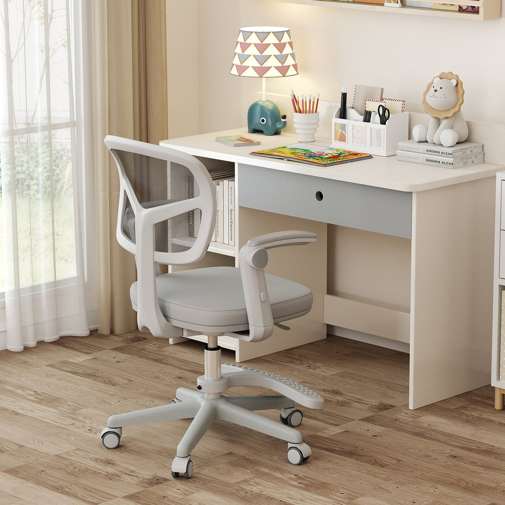 Kids desk chair with adjustable height, armrest, and footrest; light gray seat.