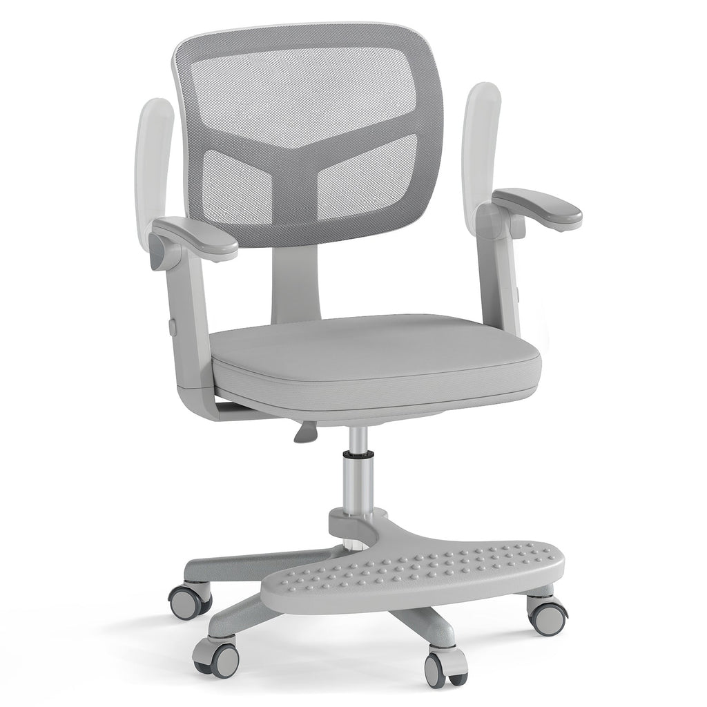 Kids desk chair with grey padded seat, grey mesh back, adjustable arms and footrest