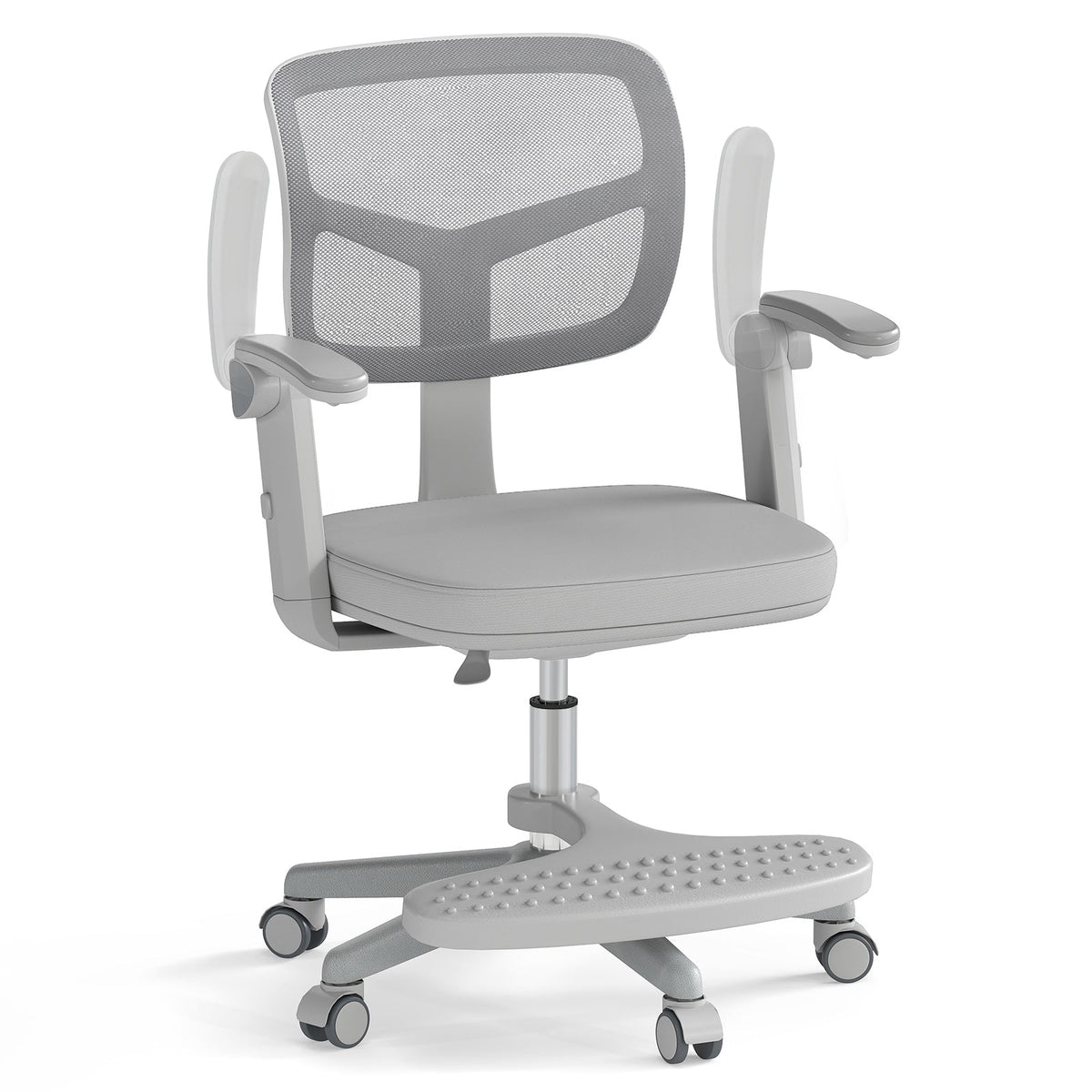 Kids desk chair with grey padded seat, grey mesh back, adjustable arms and footrest