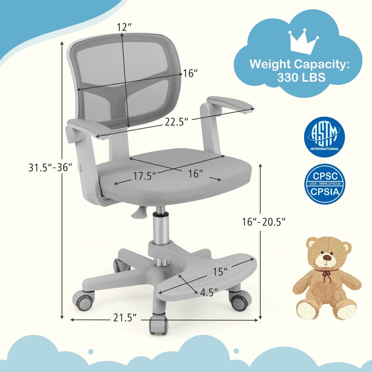 Kids desk chair with grey padded seat, grey mesh back, adjustable height and footrest