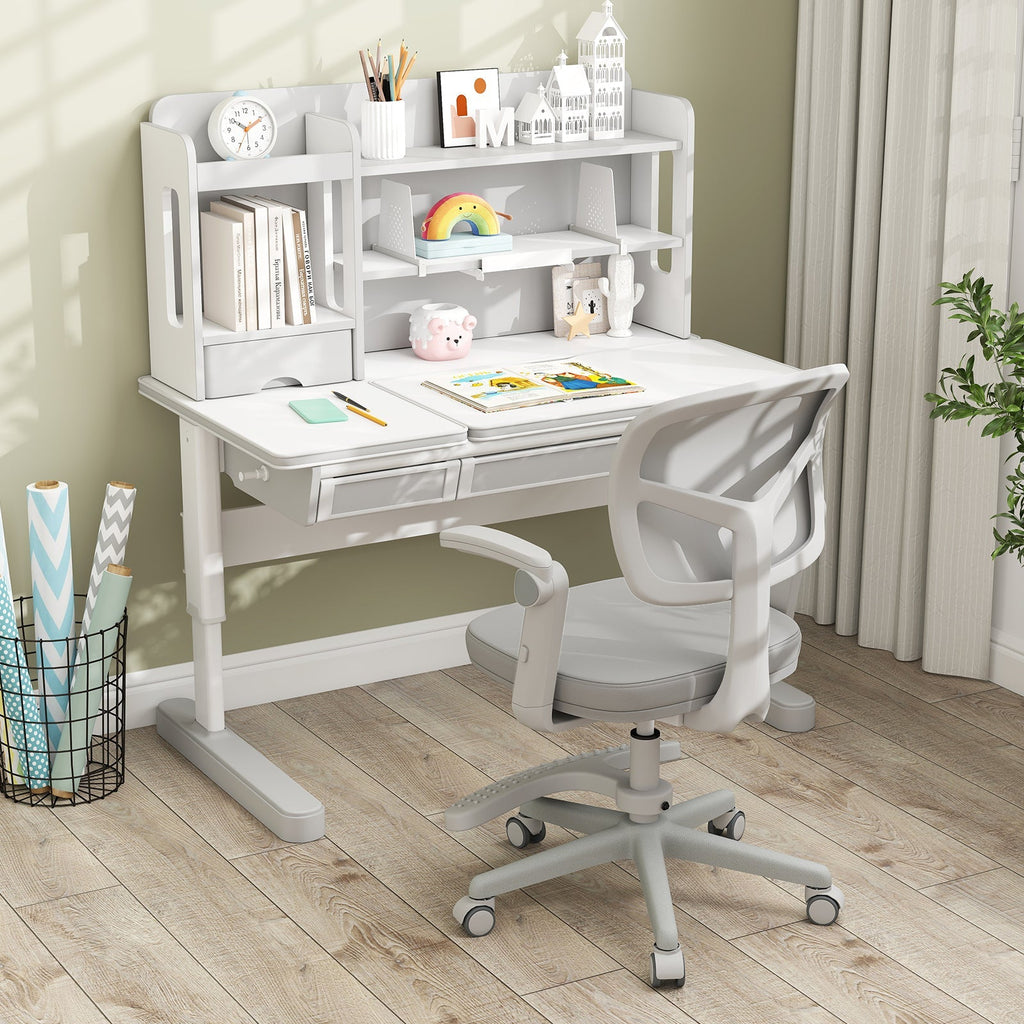 Kids desk chair with white seat, grey mesh back, adjustable height footrest base