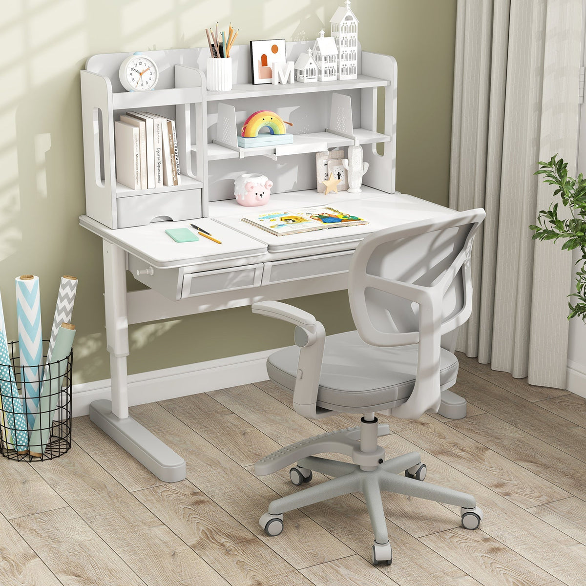 Kids desk chair with white seat, grey mesh back, adjustable height footrest base