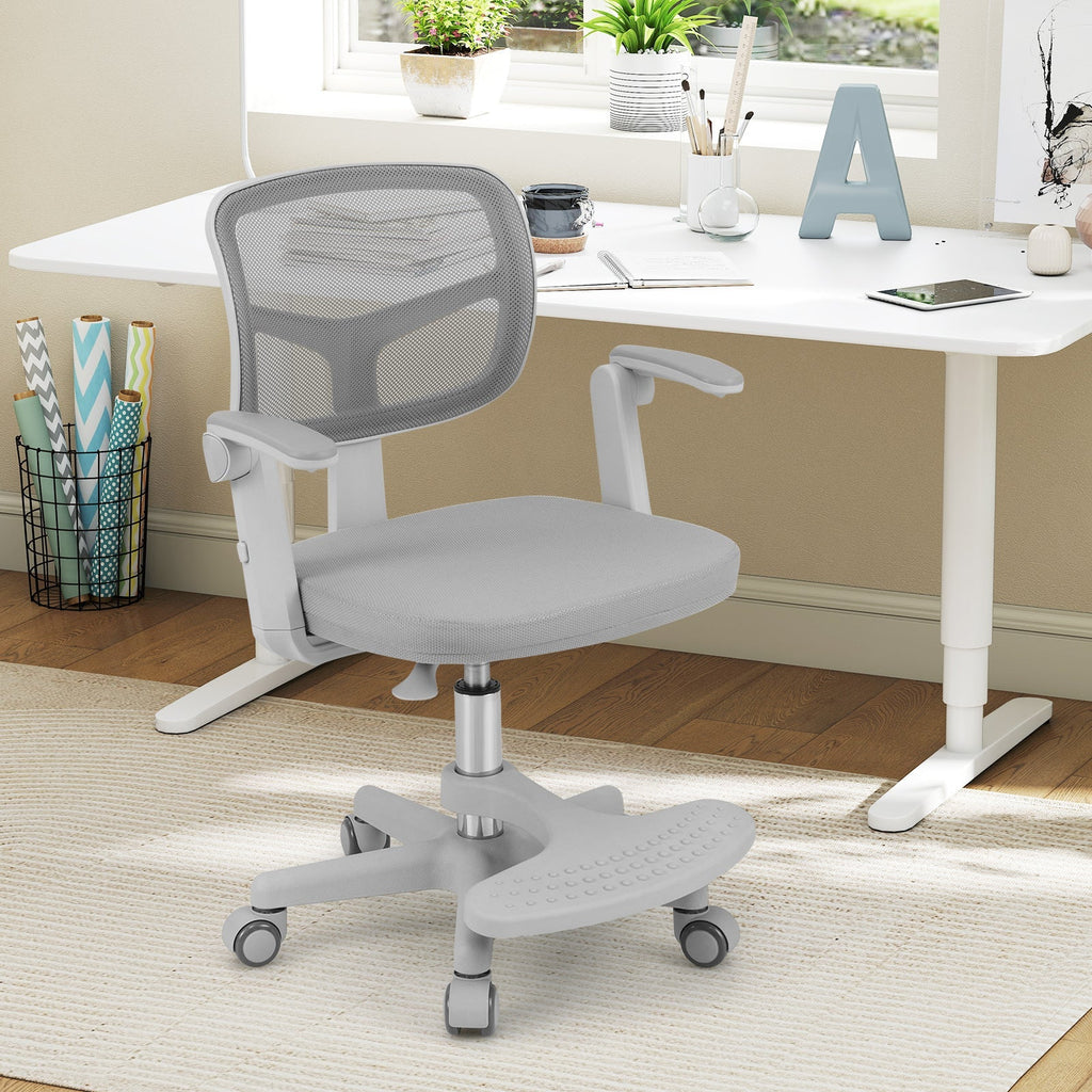 Kids desk chair with grey seat, grey mesh back, adjustable height footrest base