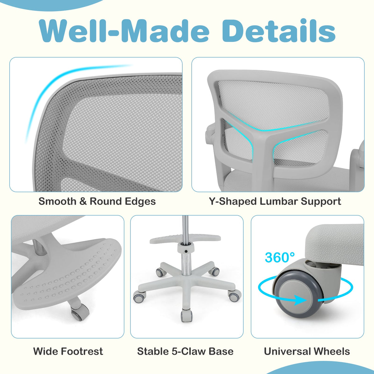Kids desk chair with grey mesh back, padded seat, armrests, footrest, rolling base