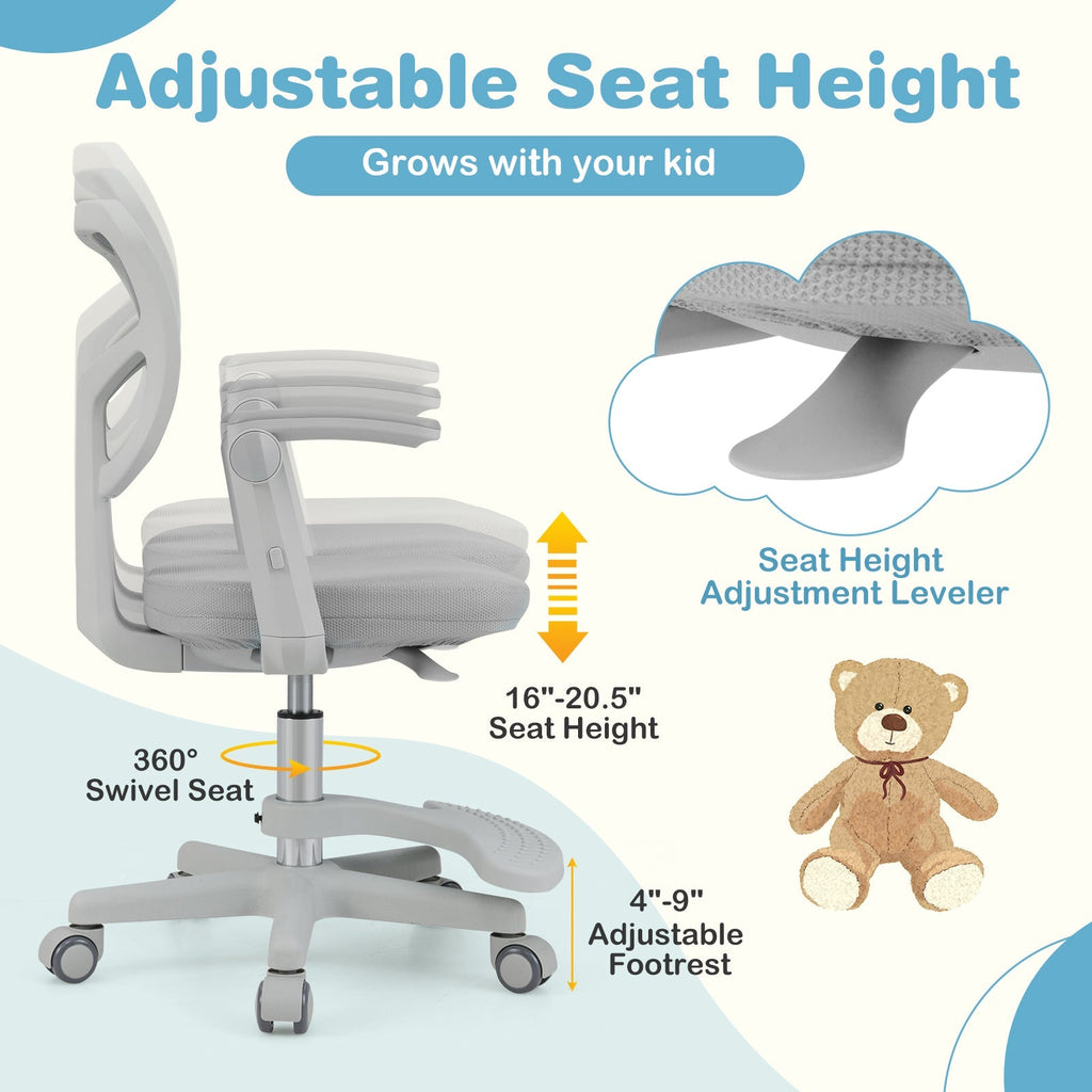 Kids desk chair with grey frame, white padded seat, adjustable height, footrest, rolling casters