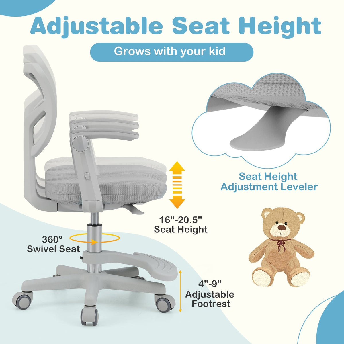 Kids desk chair with grey frame, white padded seat, adjustable height, footrest, rolling casters