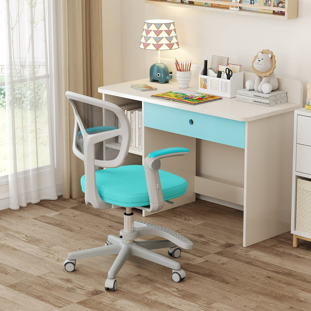 Kids desk chair with adjustable height, armrest, and footrest; teal fabric seat.