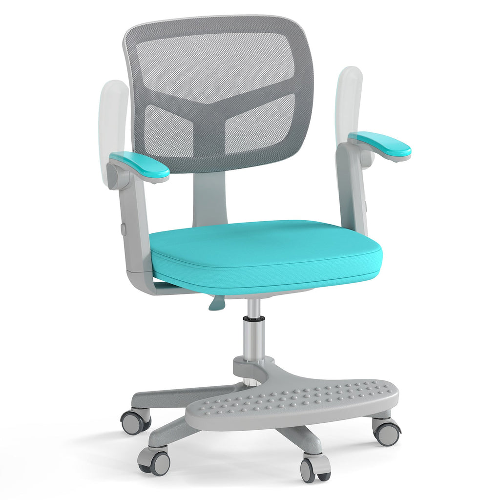 Kids desk chair with teal padded seat, grey mesh back, adjustable arms and footrest