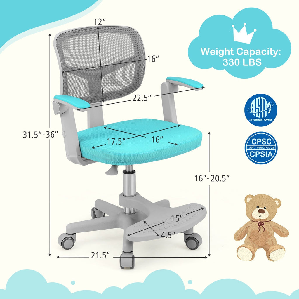 Kids desk chair with teal padded seat, grey mesh back, adjustable height and footrest