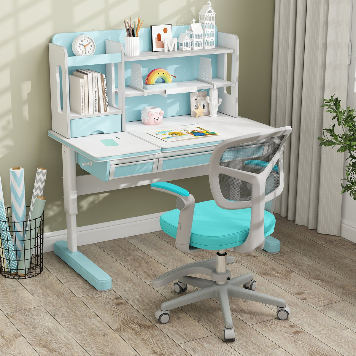 Kids desk chair with light blue seat, grey mesh back, adjustable height footrest base