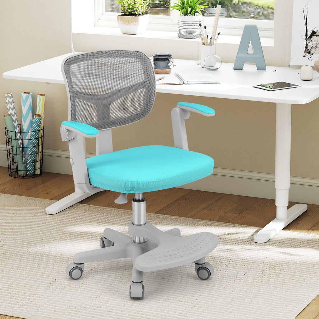 Kids desk chair with turquoise seat, grey mesh back, adjustable height footrest base