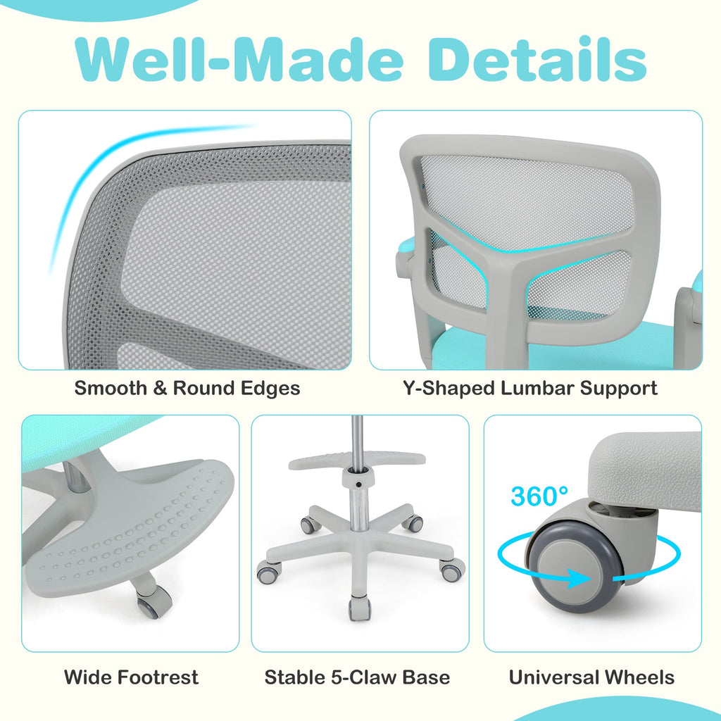 Kids desk chair with grey padded back, armrests, footrest, swivel rolling base