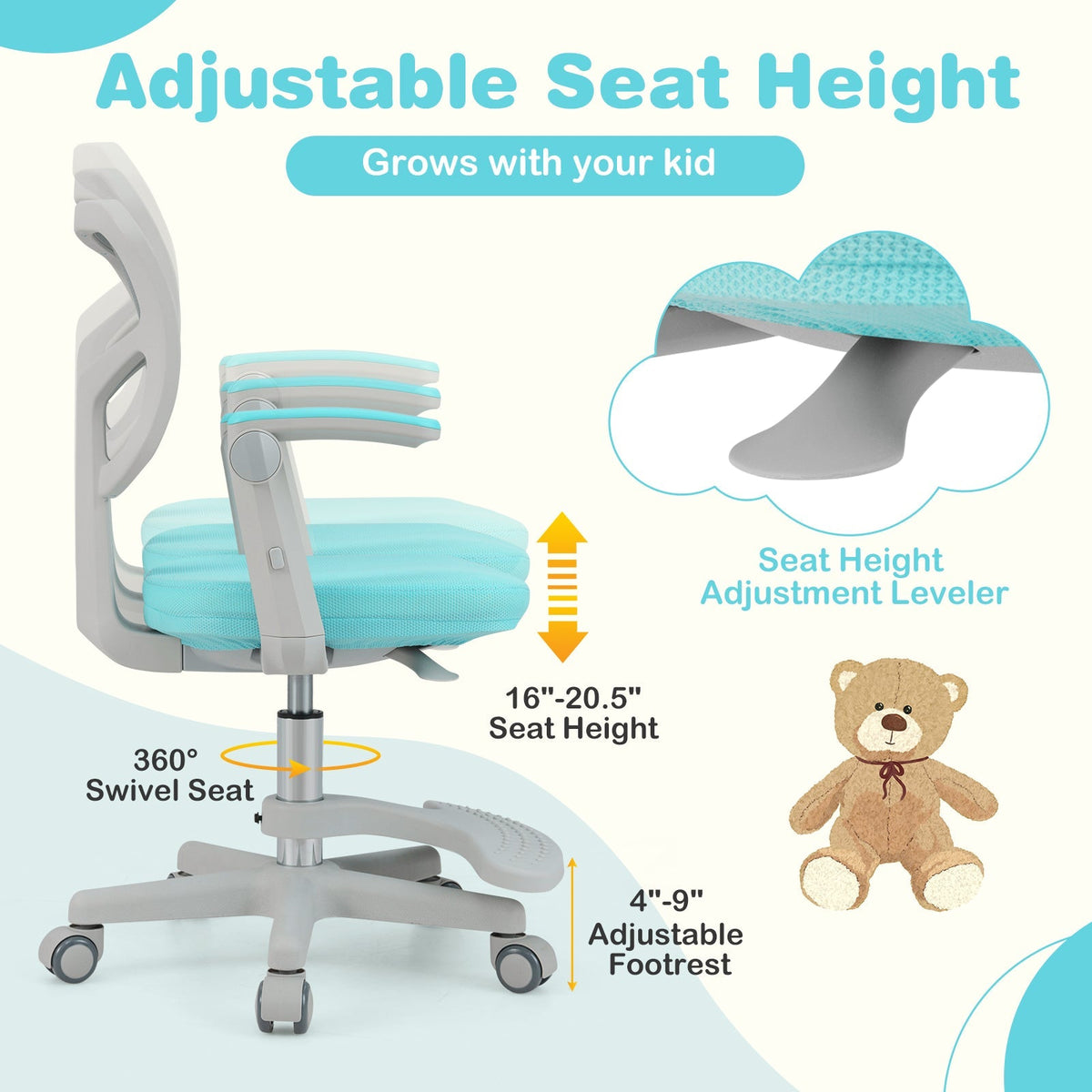 Kids desk chair with grey frame, blue padded seat, adjustable height, footrest, rolling casters