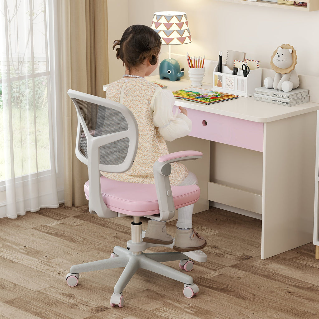 Kids desk chair with adjustable height, armrest, and footrest; pink fabric seat.