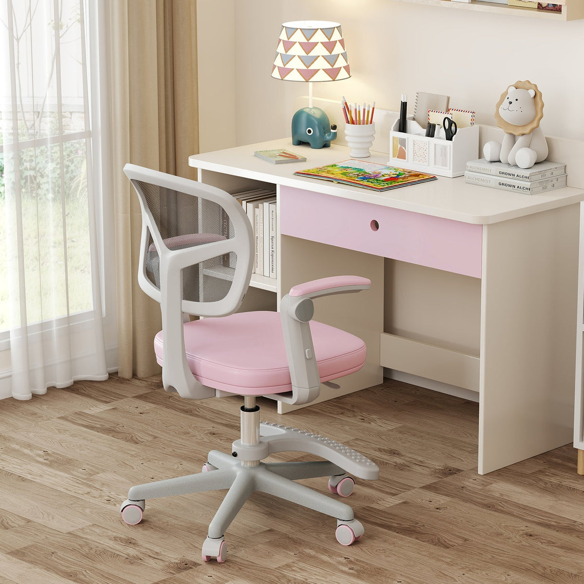 Kids desk chair with adjustable height, armrest, and footrest; light pink fabric seat.