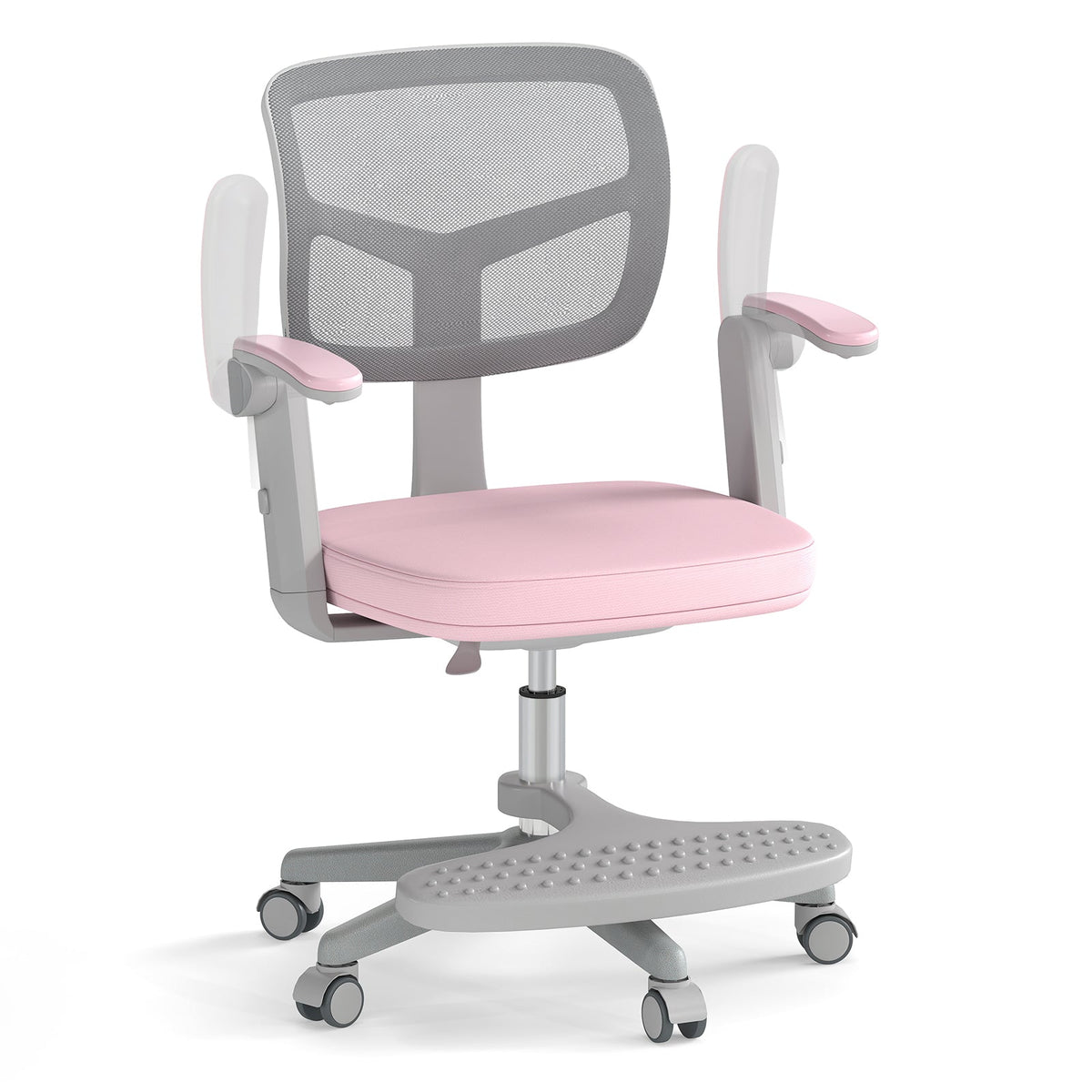 Kids desk chair with pink padded seat, grey mesh back, adjustable arms and footrest