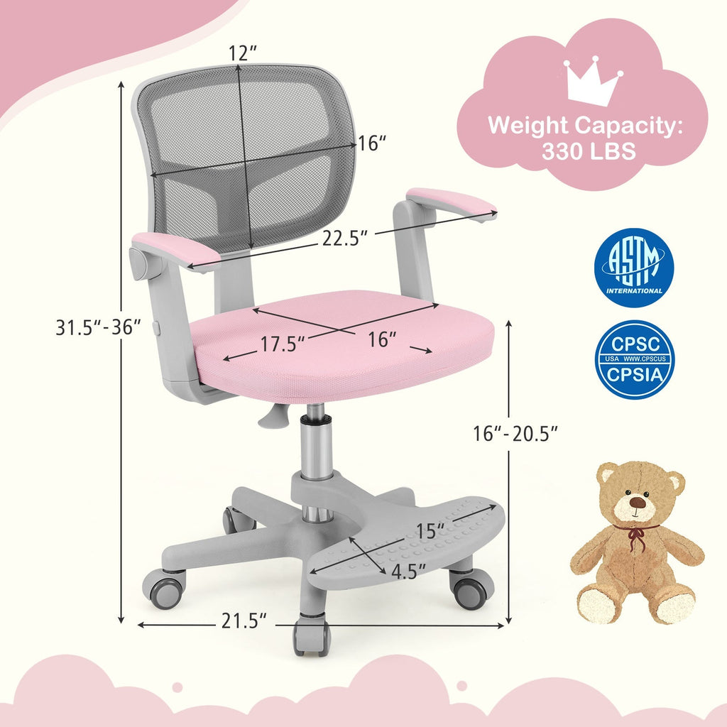 Kids desk chair with pink padded seat, grey mesh back, adjustable height and footrest