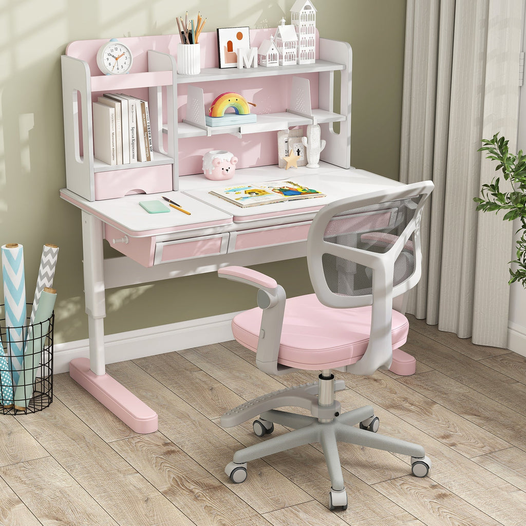 Kids desk chair with pink seat, grey mesh back, adjustable height footrest base