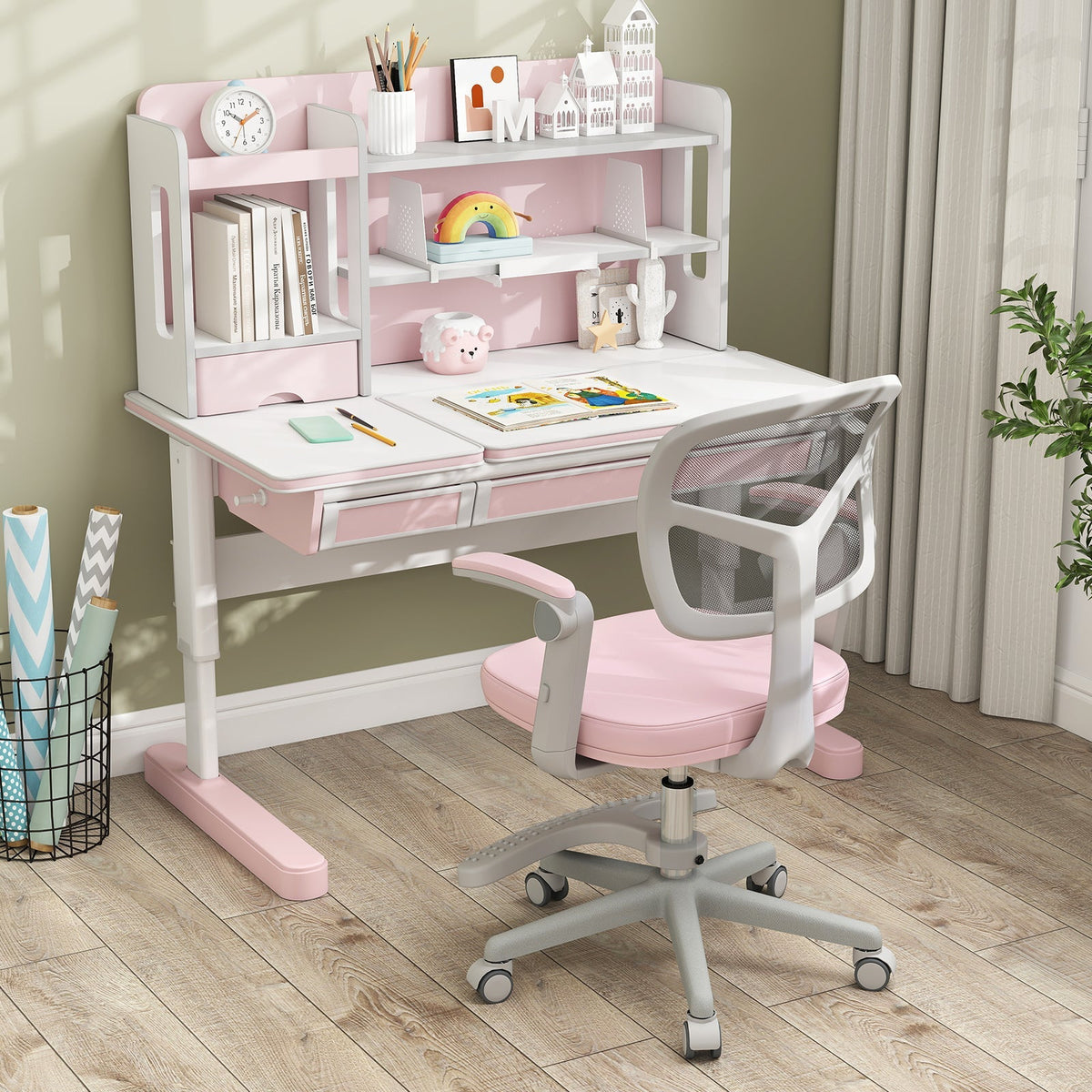 Kids desk chair with pink seat, grey mesh back, adjustable height footrest base