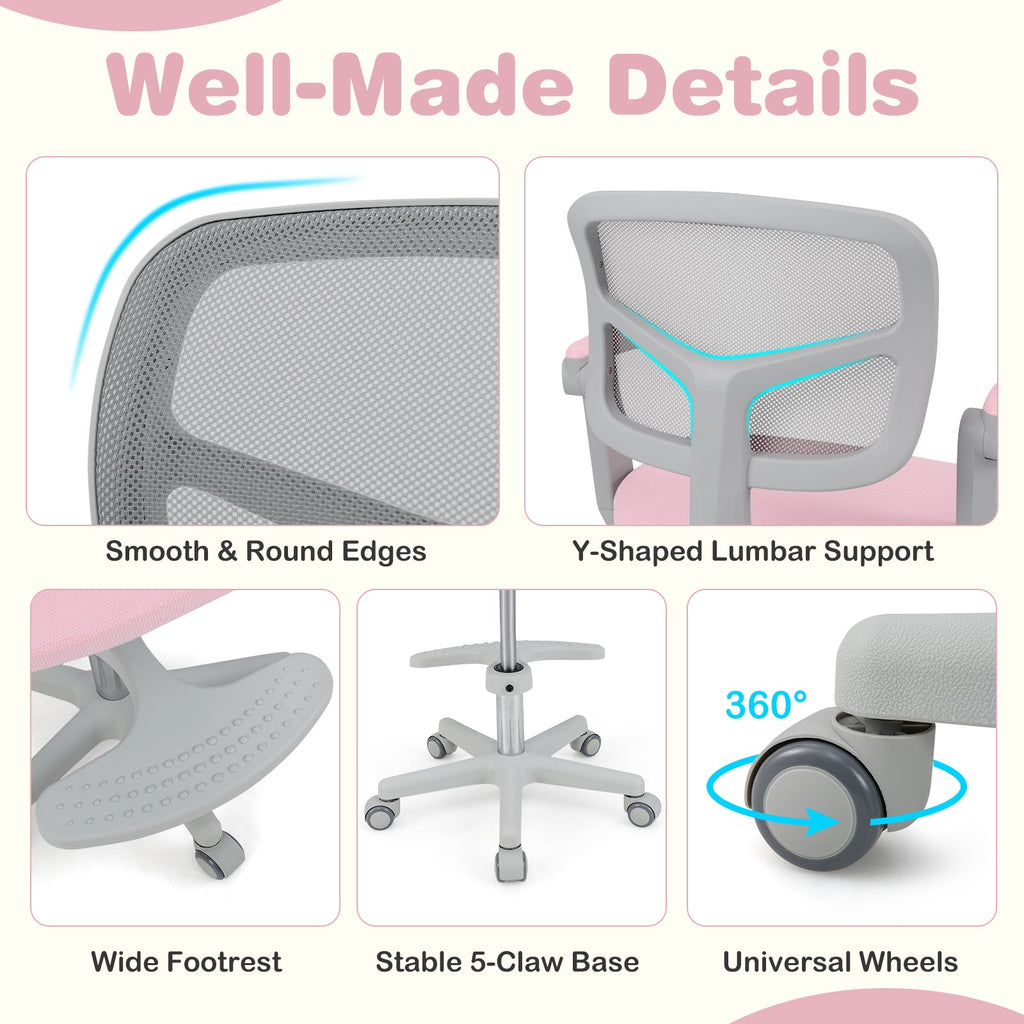 Kids desk chair with curved grey backrest, padded seat, armrests, footrest, rolling casters