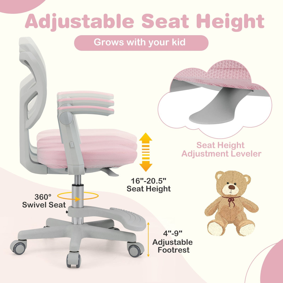 Kids desk chair with grey frame, pink padded seat, adjustable height, footrest, rolling casters