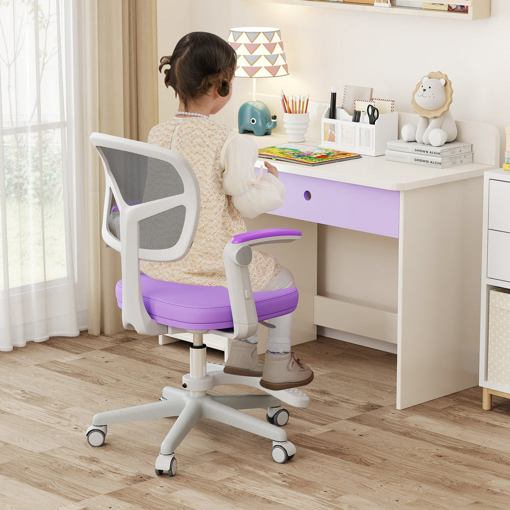 Kids desk chair with adjustable height, armrest, and footrest; purple fabric seat.