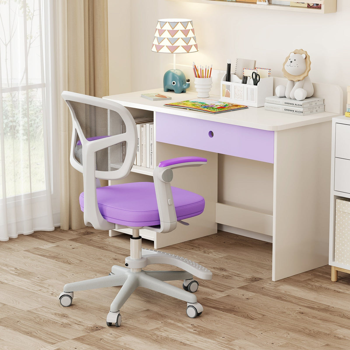 Kids desk chair with adjustable height, armrest, and footrest; purple fabric seat.