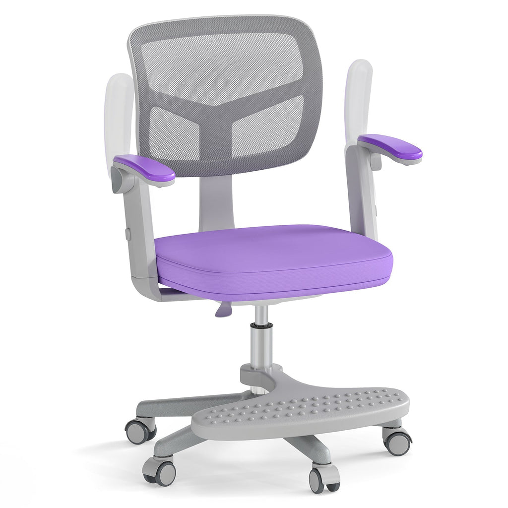 Kids desk chair with purple padded seat, grey mesh back, adjustable arms and footrest