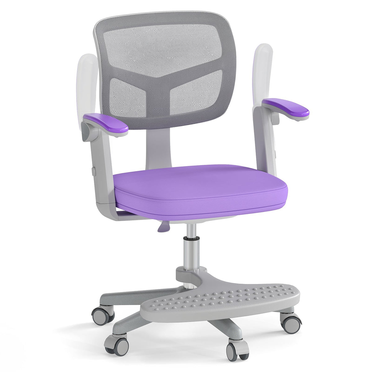 Kids desk chair with purple padded seat, grey mesh back, adjustable arms and footrest