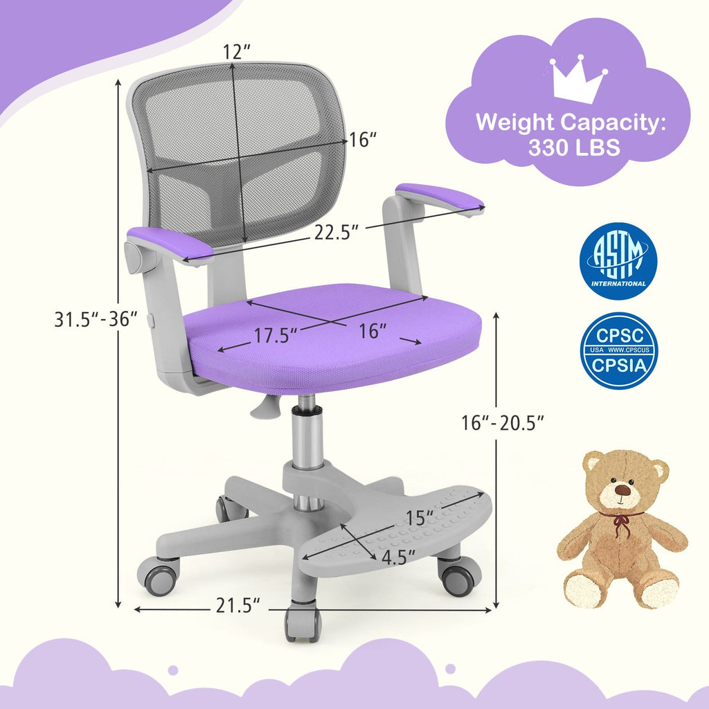 Kids desk chair with purple padded seat, grey mesh back, adjustable height and footrest