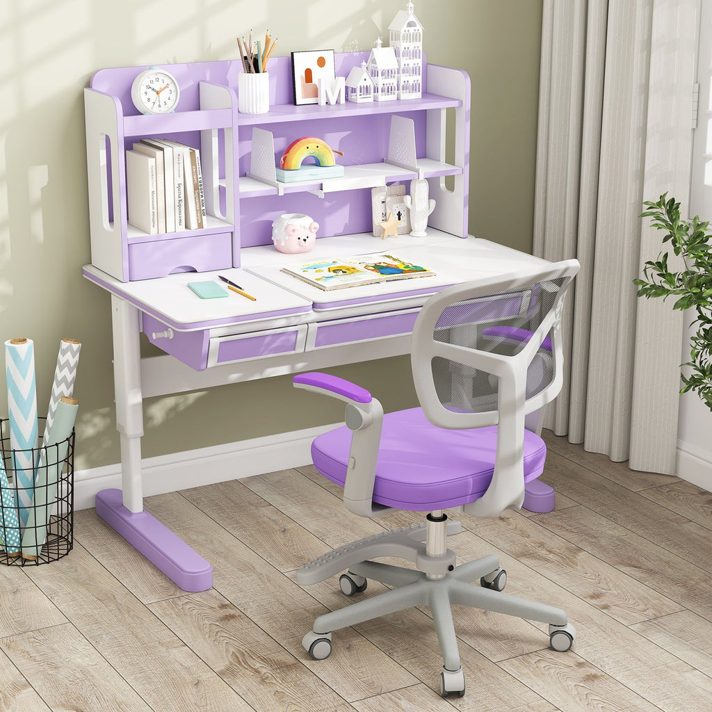 Kids desk chair with purple seat, grey mesh back, adjustable height footrest base