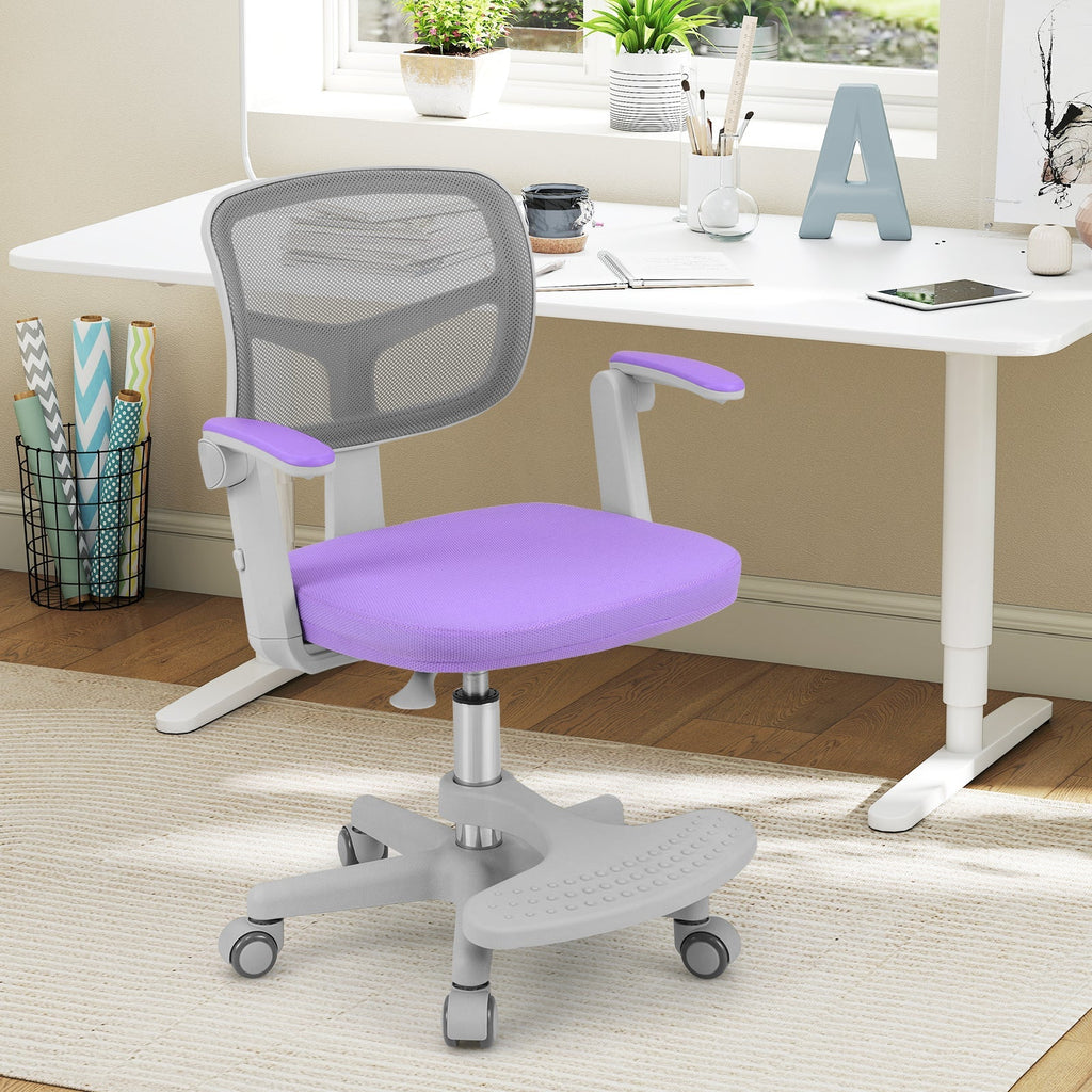 Kids desk chair with purple seat, grey mesh back, adjustable height footrest base