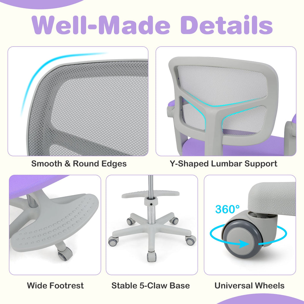 Kids desk chair with grey mesh back, padded seat, armrests, footrest, rolling casters