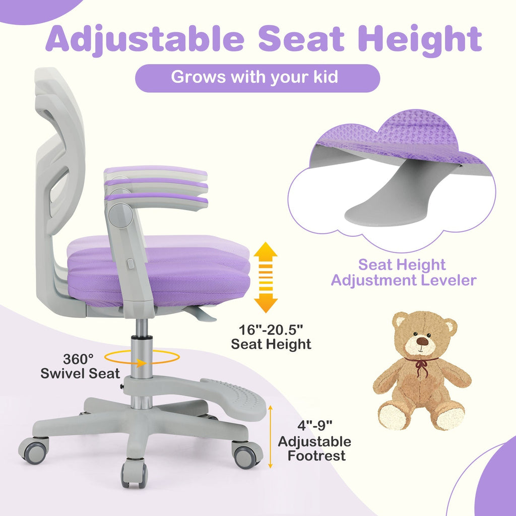 Kids desk chair with grey frame, purple padded seat, adjustable height, footrest, rolling casters