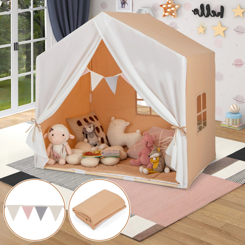 Kids play tent with white curtains and tan interior, shown with folded cotton mat
