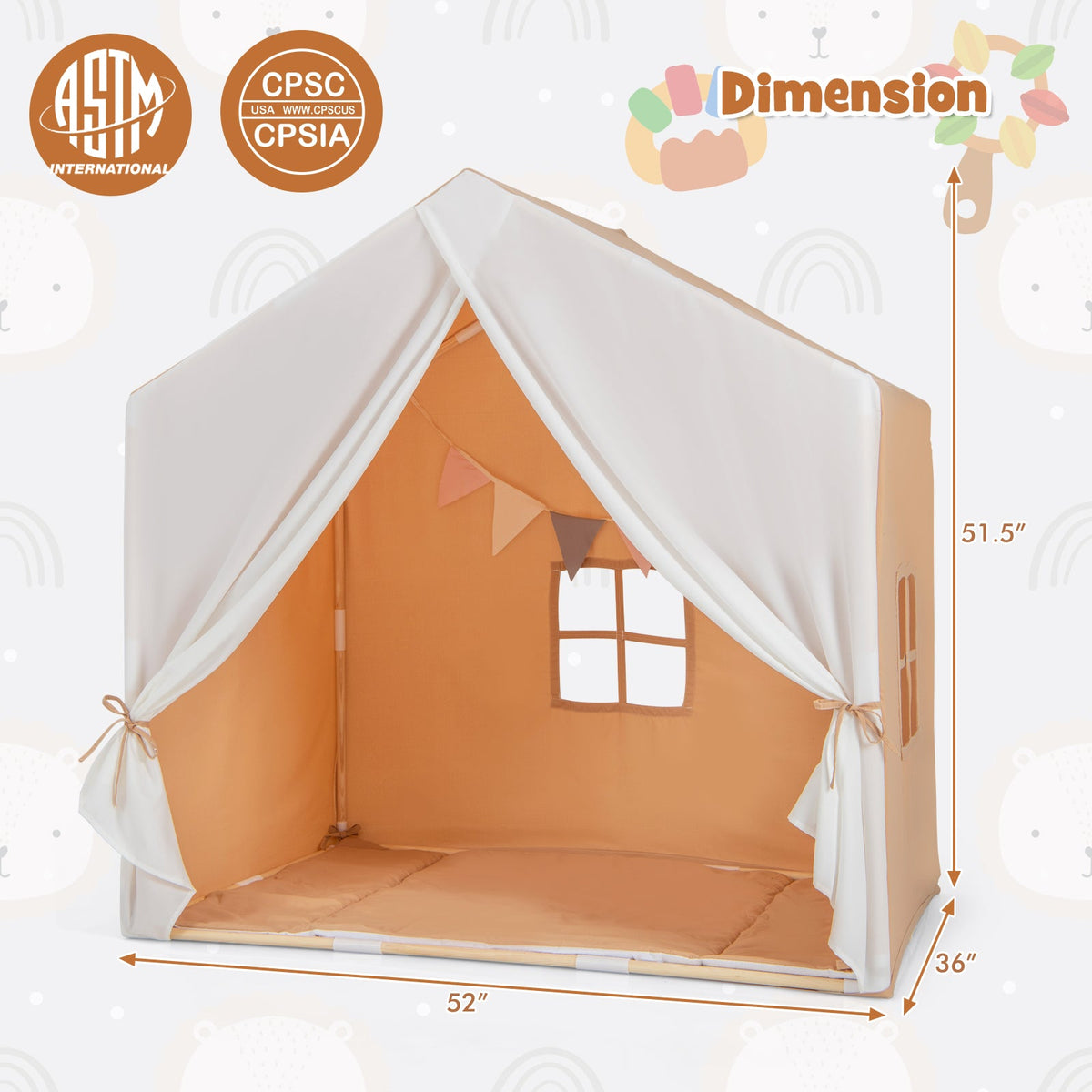 Kids play tent with white curtains and tan interior, side view