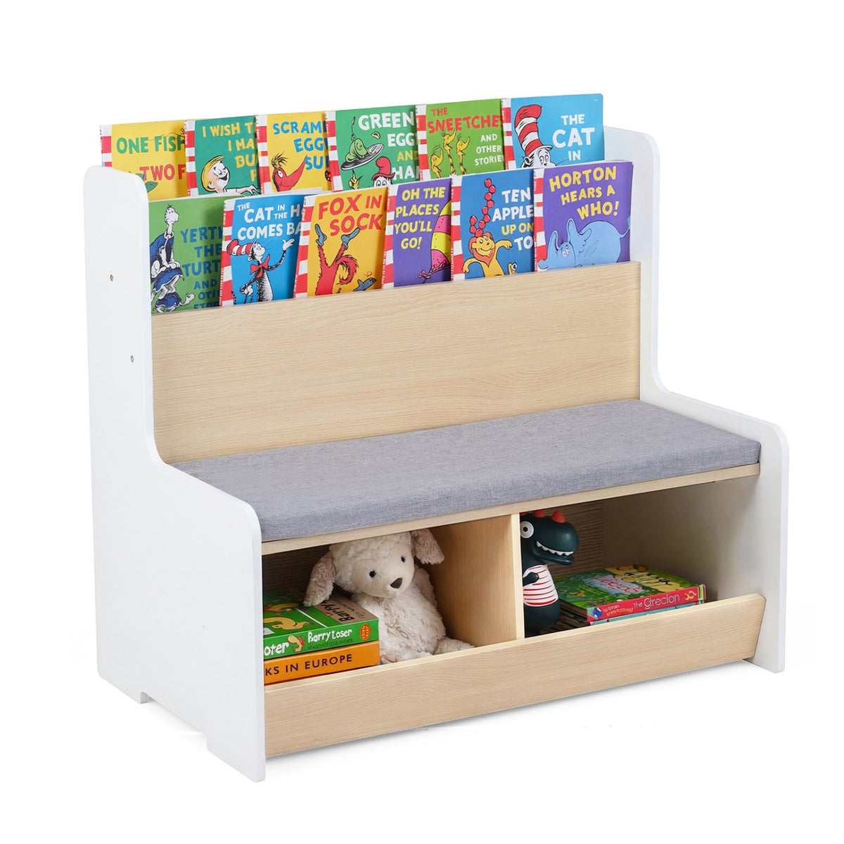 White kids reading nook with wood shelf, gray bench seat, open book cubbies