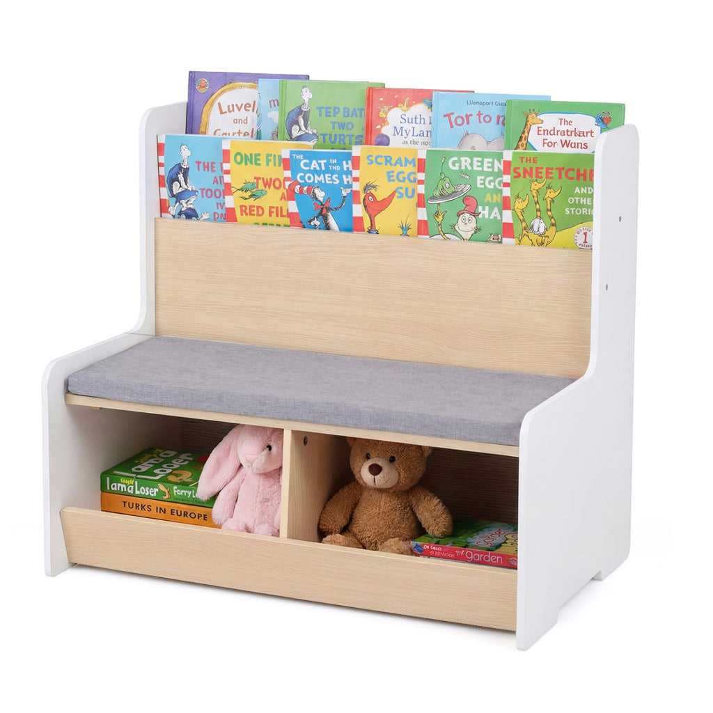 White kids reading nook bench with gray cushion and two open book storage cubbies